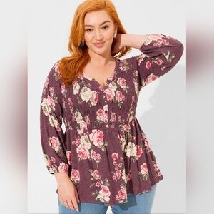Torrid Jersey Smocked Henley Babydoll purple floral size 2x NWT